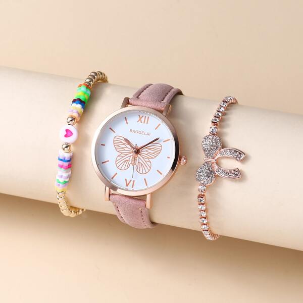 

1pc Butterfly Pattern Quartz Watch & 2pcs Bracelet