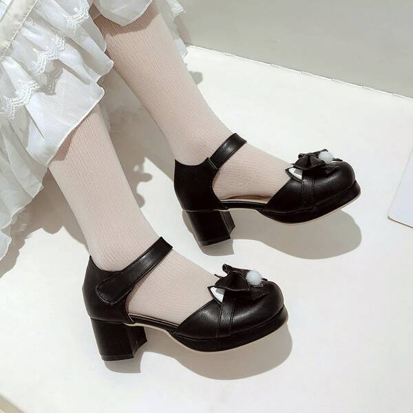 

Bow Decor Mid Heeled Mary Jane Pumps, Black