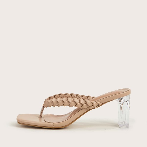 

Braided Clear Chunky Heeled Thong Sandals, Apricot
