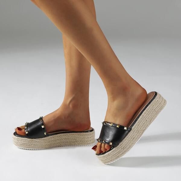 

Studded Decor Espadrille Flatform Mules, Black