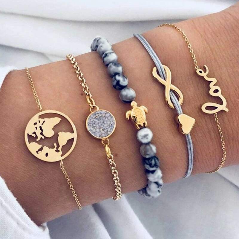 

5pcs Letter & Heart Bracelet, Gold