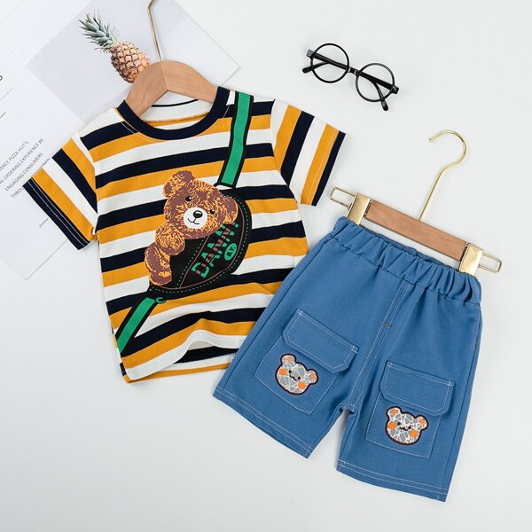 

Toddler Boys Cartoon Bear & Letter Graphic Tee With Shorts, Multicolor