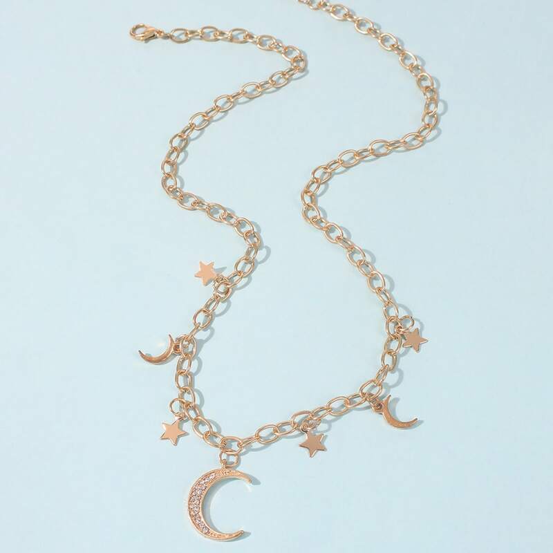 

Rhinestone Moon & Star Chain Necklace, Gold