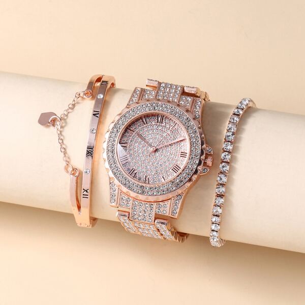 

1pc Rhinestone Decor Round Pointer Watch & 2pcs Bracelet