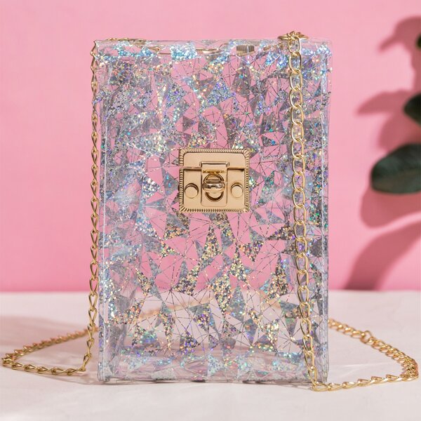 

Clear Glitter Geometric Graphic Chain Bag, Multicolor