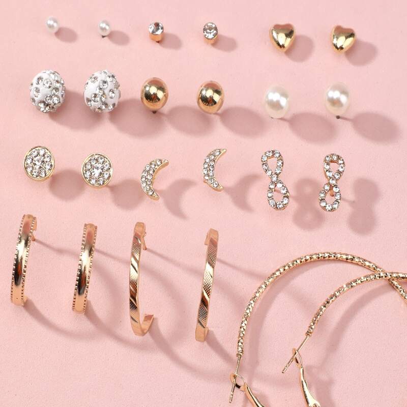 

12pairs Rhinestone Decor Earring, Gold