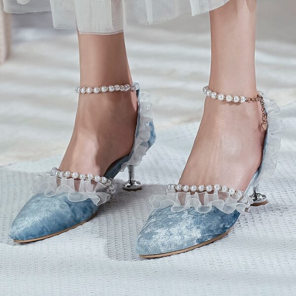 

Faux Pearl & Ruffle Decor Ankle Strap Velvet Pumps, Blue