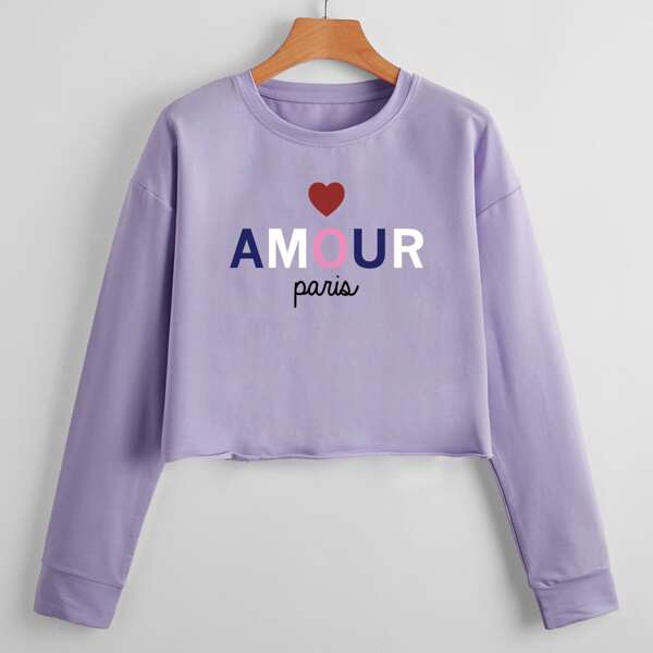 

Letter & Heart Print Crop Sweatshirt, Purple