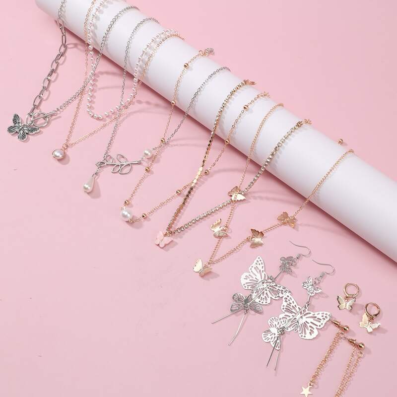 

6pcs Faux Pearl Necklace & 3pairs Butterfly Earring, Multicolor