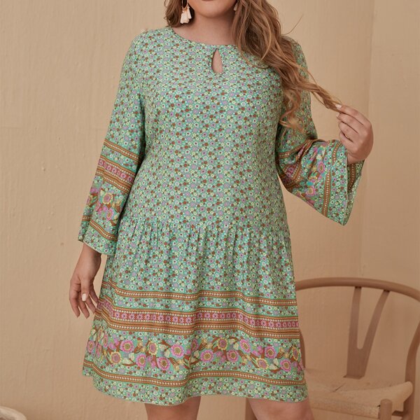 

Plus Floral Print Keyhole Neck Smock Dress, Mint green