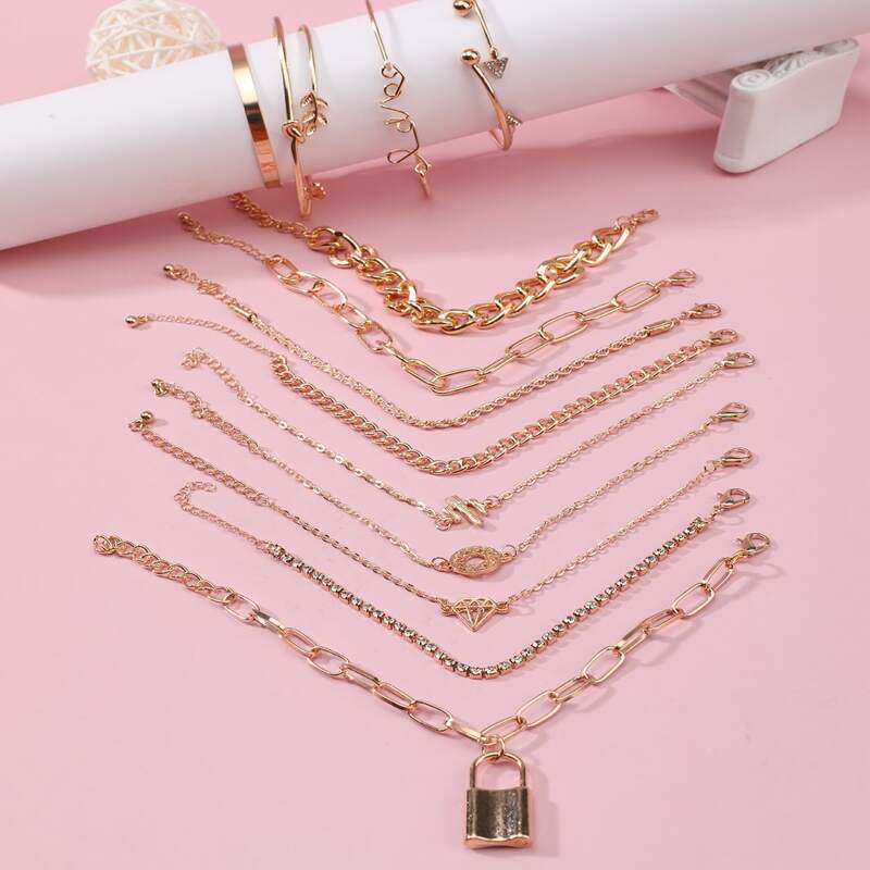 

15pcs Lock Decor Bracelet, Gold