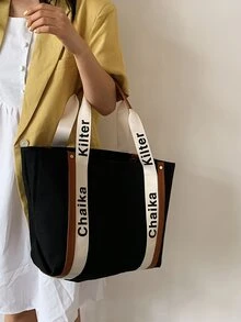 Hình chữ cái túi tote dung tích lớn - màu đen - Xem 5