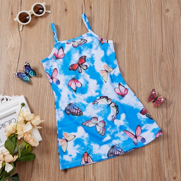 

Toddler Girls Butterfly Print Tie Dye Cami Dress, Blue and white