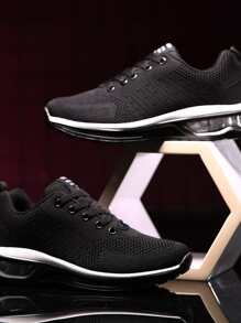 Men Minimalist Lace-Up Front Black Sport Shoes - Black - View 3