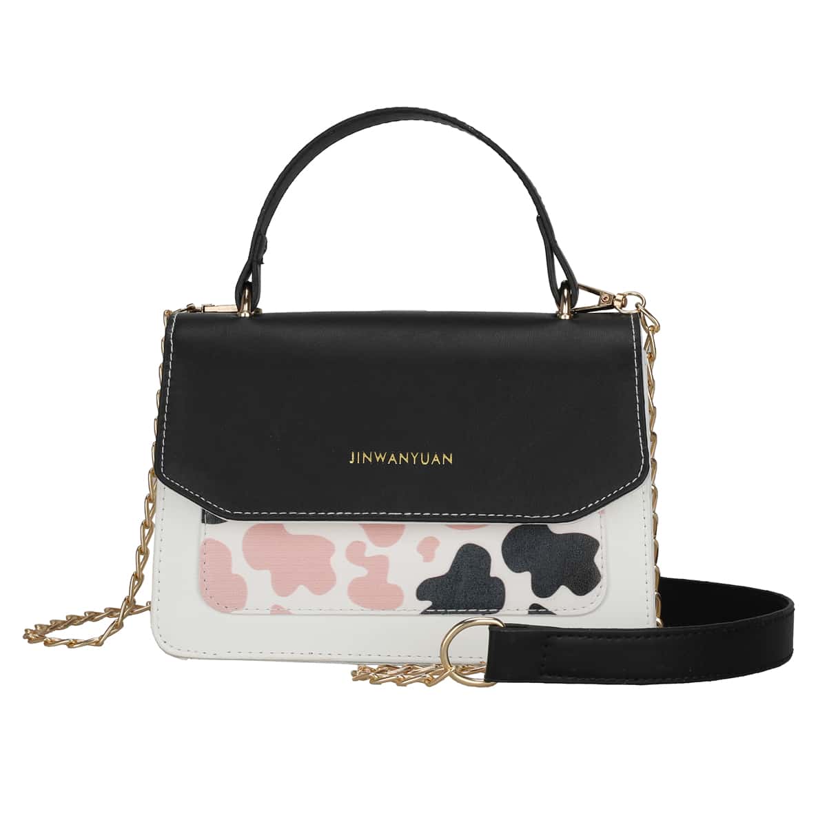 

Cow Print Chain Satchel Bag, Black
