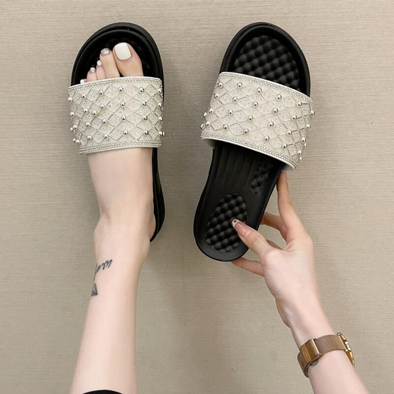 

Rhinestone & Bead Flatform Slide Sandals, Black