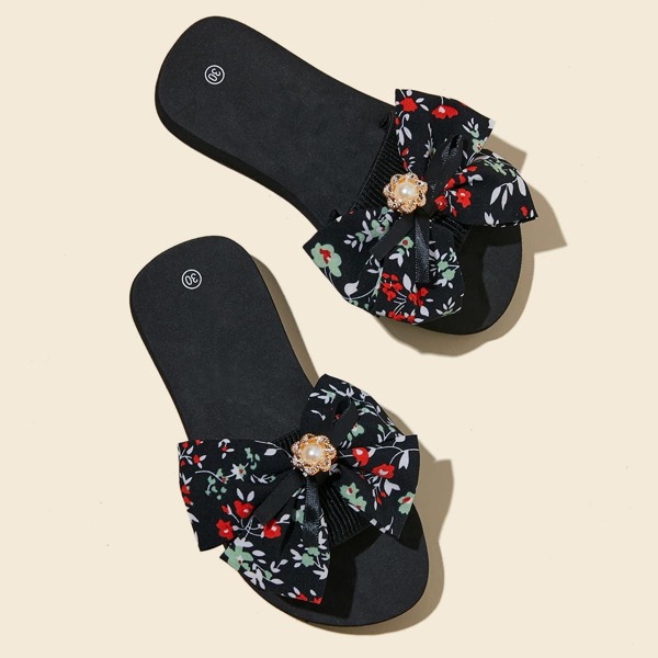 

Girls Bow Decor Floral Graphic Slippers, Black
