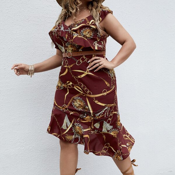 

Plus Chain Print Ruffle Trim Dress Without Belt, Burgundy