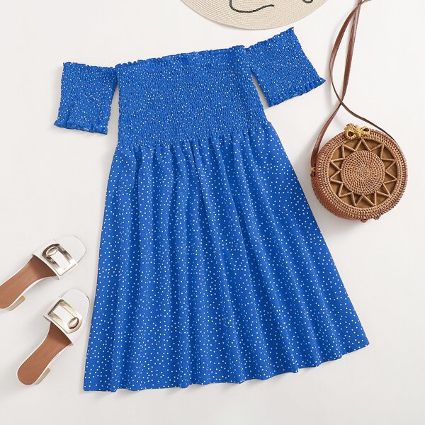 

Plus Polka Dot Frill Trim Shirred Bardot Dress, Blue