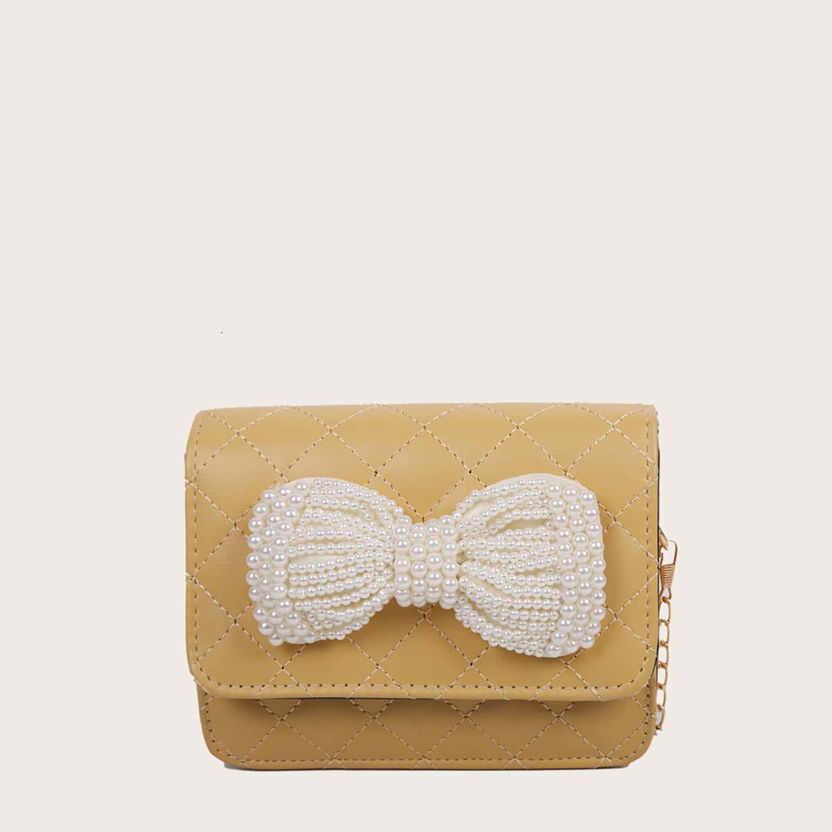 

Faux Pearl Bow Quilted Crossbody Bag, Yellow
