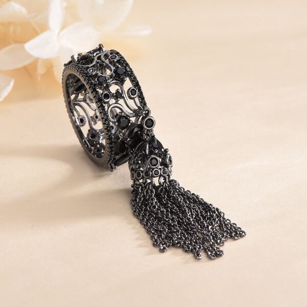 

Zircon & Chain Tassel Decor Ring, Black