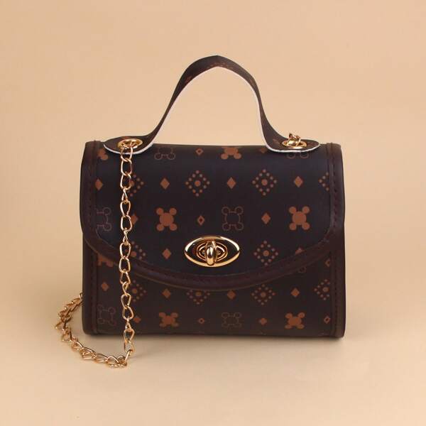 

Geometric Graphic Twist Lock Satchel Bag, Brown