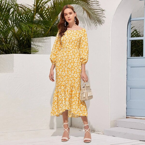 

Floral Print Bishop Sleeve Belted Dress, Yellow