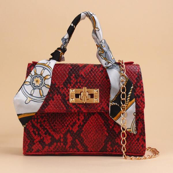 

Twilly Scarf Decor Snakeskin Print Chain Bag, Red