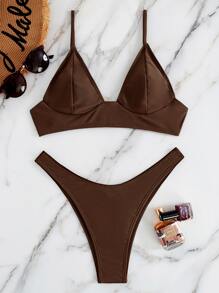 素色比基尼套裝可調整肩帶文胸和高衩下裝2入組泳衣 - 咖啡棕 - 查看 4