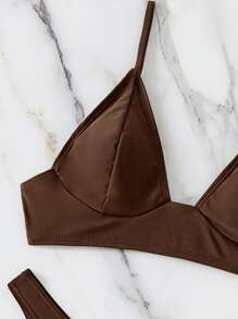 素色比基尼套裝可調整肩帶文胸和高衩下裝2入組泳衣 - 咖啡棕 - 查看 6