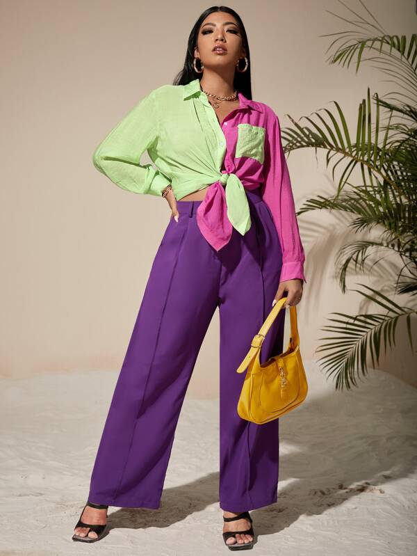 SHEIN Privé Plus Wide Leg Solid Pants SHEIN USA