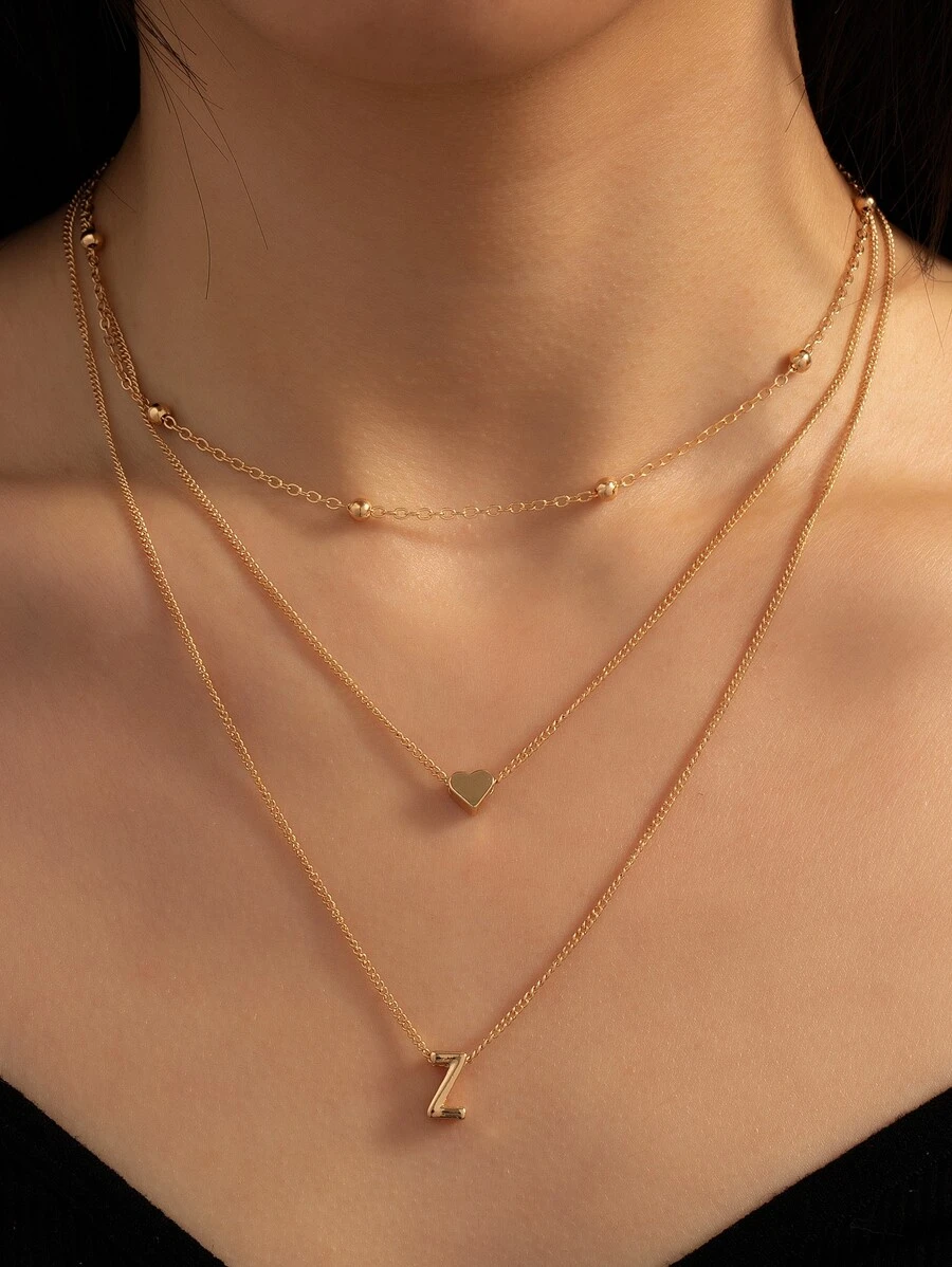 Letter Z Charm Layered Necklace - Yellow Gold - View 1