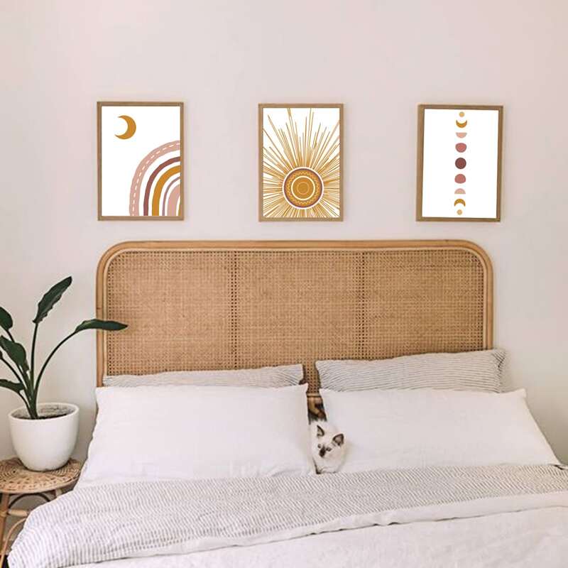 3pcs Sun & Moon Print Unframed Painting, White