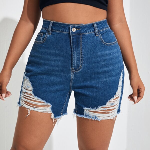 

Plus High Waist Ripped Raw Hem Denim Shorts, Medium wash