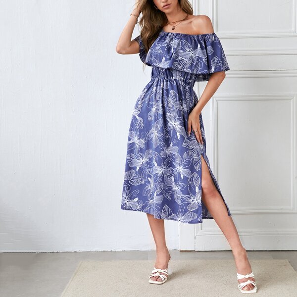 

Tropical Print Split Thigh Bardot Dress, Blue