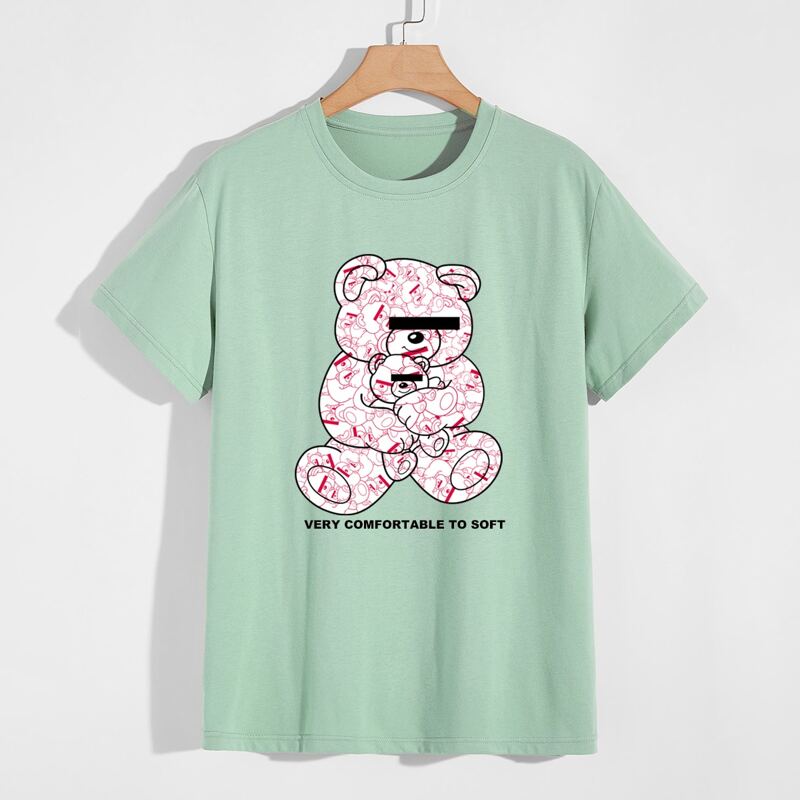 

Guys Letter Cartoon Bear Graphic Tee, Mint green