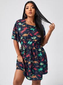 大碼滿版恐龍圖案腰帶A字型連衣裙 - 藏蓝色 - 查看 1