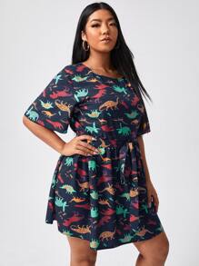 大碼滿版恐龍圖案腰帶A字型連衣裙 - 藏蓝色 - 查看 3