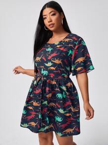 大碼滿版恐龍圖案腰帶A字型連衣裙 - 藏蓝色 - 查看 4
