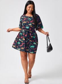 大碼滿版恐龍圖案腰帶A字型連衣裙 - 藏蓝色 - 查看 5