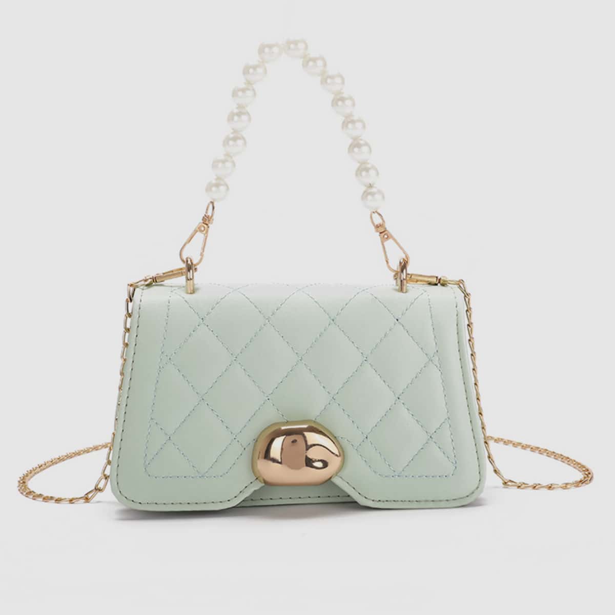 

Faux Pearl Handle Quilted Satchel Bag, Green