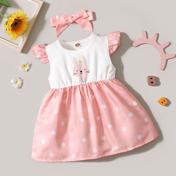 

Baby Girl Cartoon And Polka Dot Dress With Headband, Multicolor