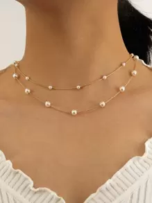 1 件优雅简约双层仿珍珠链项链，适合女士 - 金黃色 - 查看 1