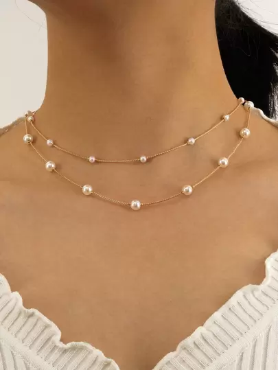 1 件优雅简约双层仿珍珠链项链，适合女士
