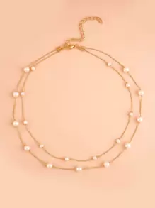 1 件优雅简约双层仿珍珠链项链，适合女士 - 金黃色 - 查看 2