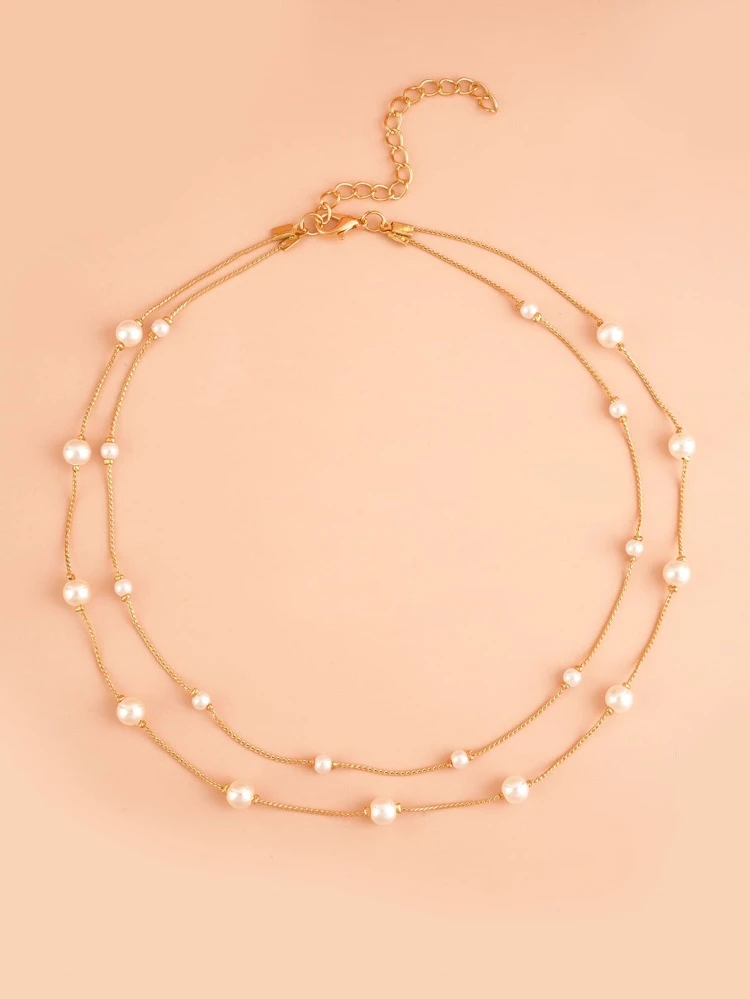 1pc Elegant Minimalist Double Layer Faux Pearl Chain Necklace For Women