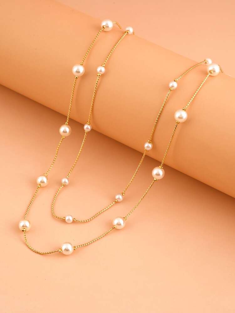 1pc Elegant Minimalist Double Layer Faux Pearl Chain Necklace For Women