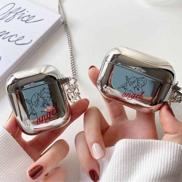 

Angel Pattern Case For Airpods With Lanyard, Silver