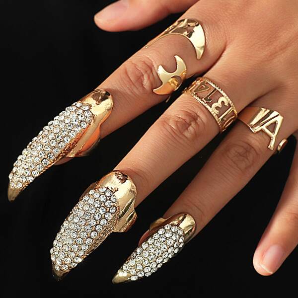 

6pcs Rhinestone Decor Ring, Gold