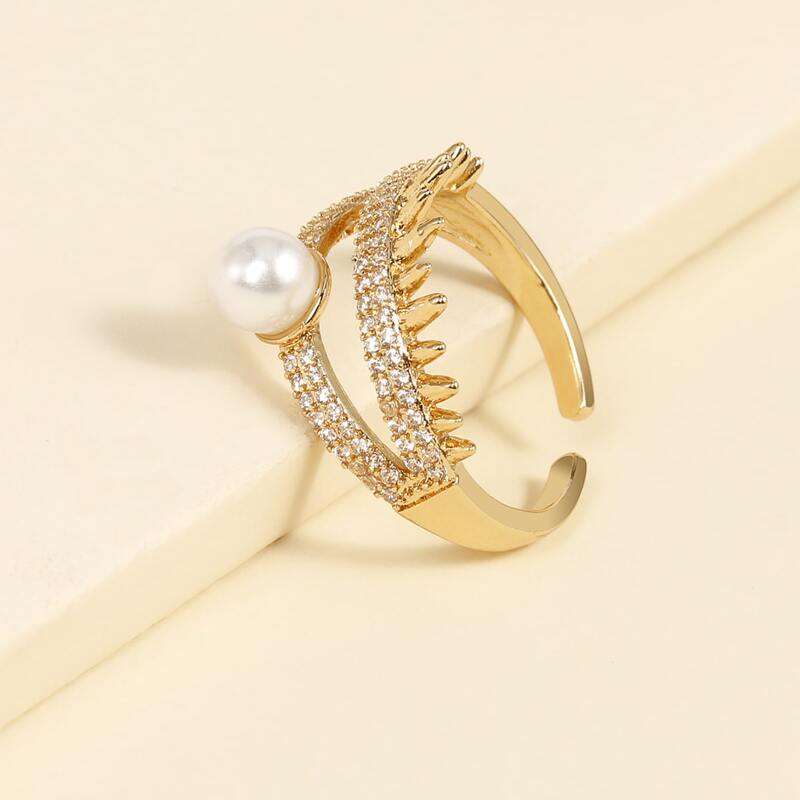 

Rhinestone & Faux Pearl Cuff Ring, Gold